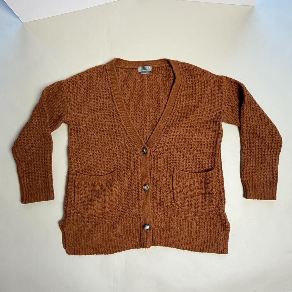 Anthropologie Sweater Cardigan Womens Medium Brown V Neck Pockets Waffle Knit
